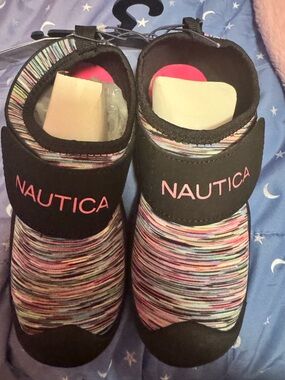 Nautica Kids Black Multicolor Slip-On Water Shoes with Pink Logo